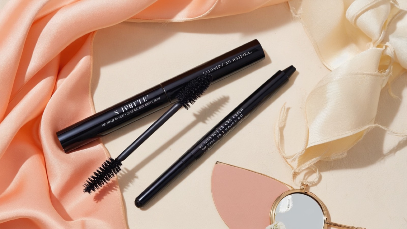 Detailaufnahme eines Auges mit präzisem schwarzem Lidstrich und definierten Wimpern, daneben eine schlanke Mascarabürste und ein feiner Eyeliner-Pinsel auf dunkler Ablage